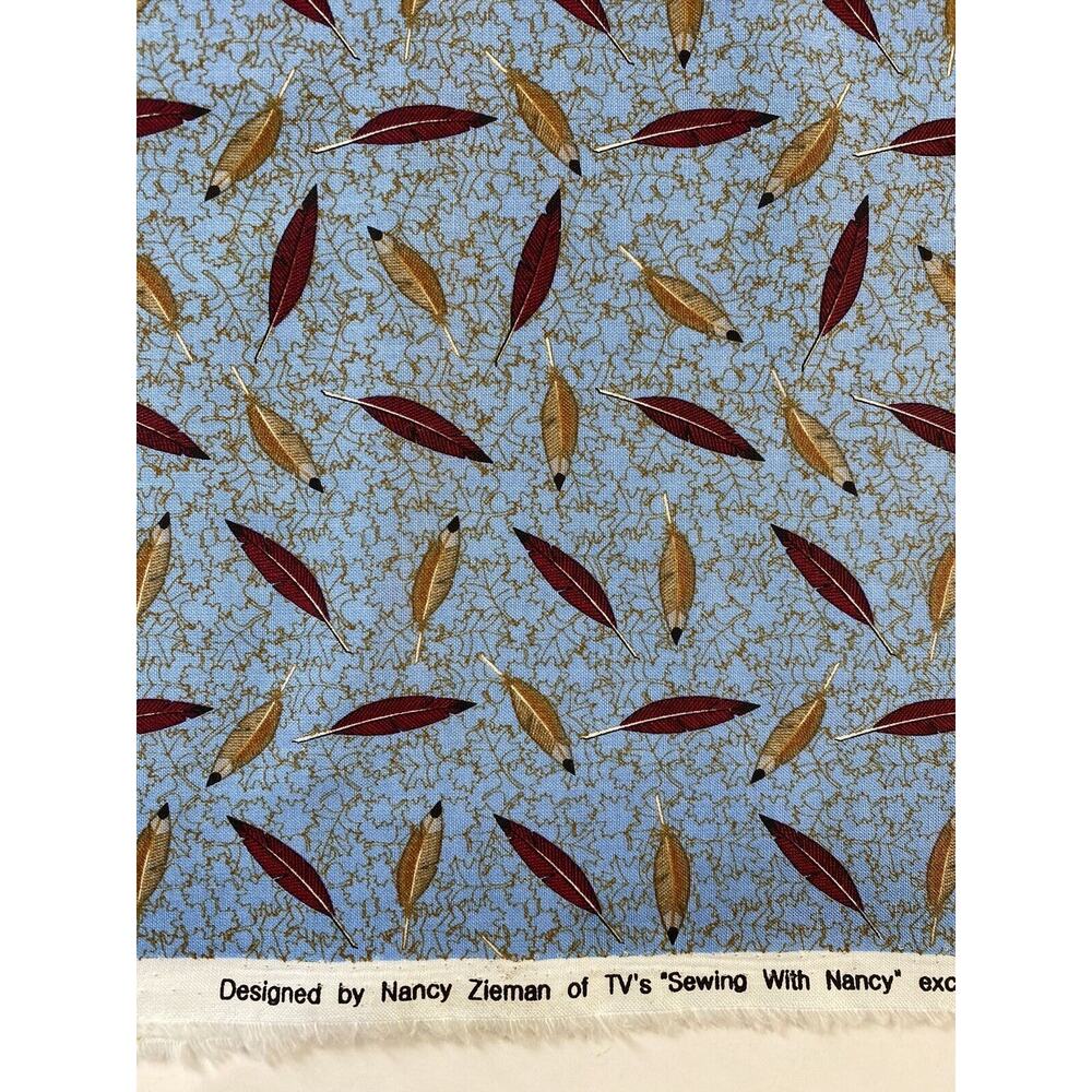 Nancy Zieman Cotton Fabric Cardinal Blue/Rust Feathers Fabrics Batch 119034